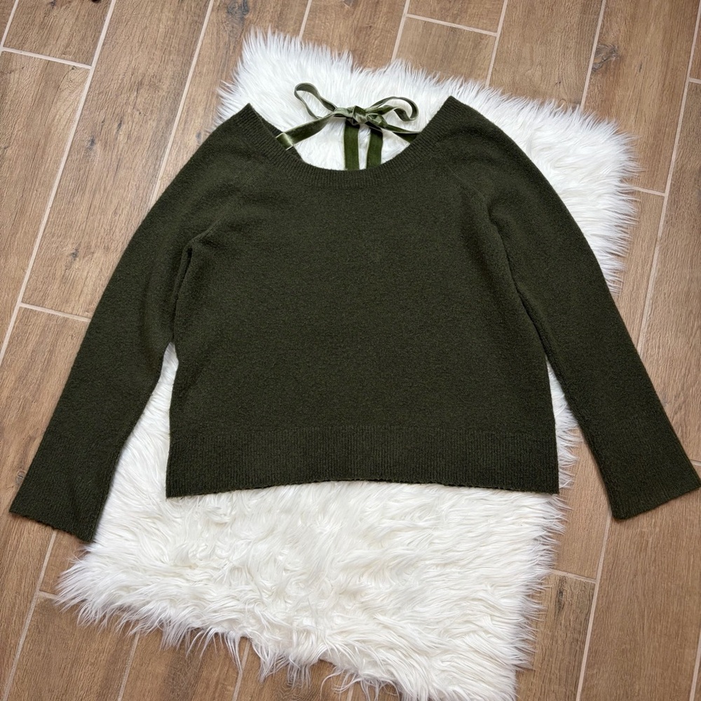 J.Crew Olive Green V-Back Sweater with Velvet Tie - Picture 3 of 11